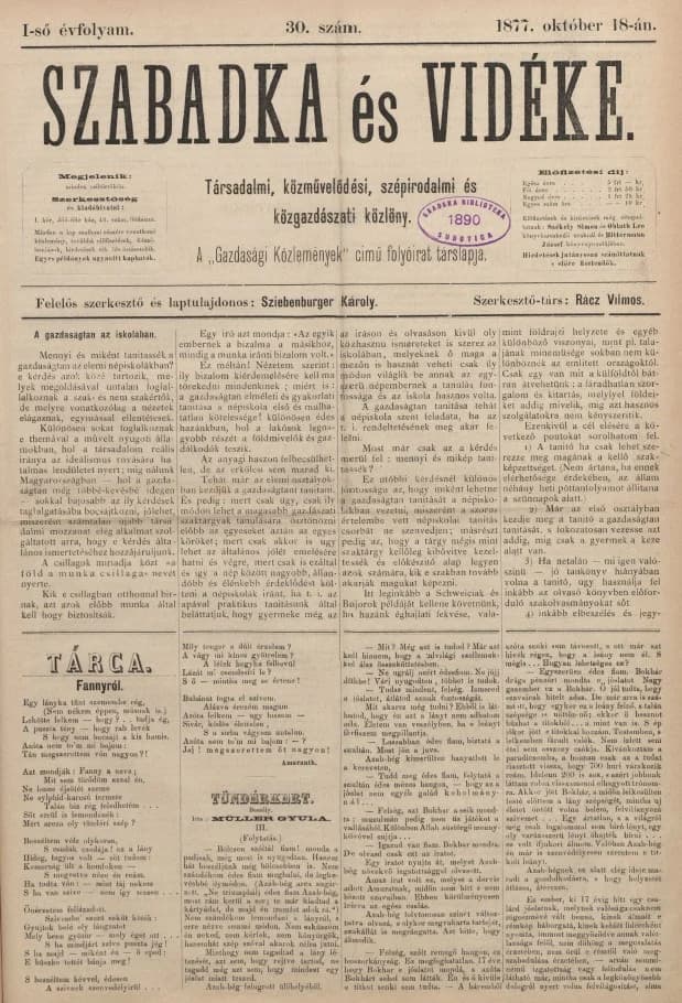 Szabadka és vidéke, 1. évf. 1877. október 18. 30. sz.