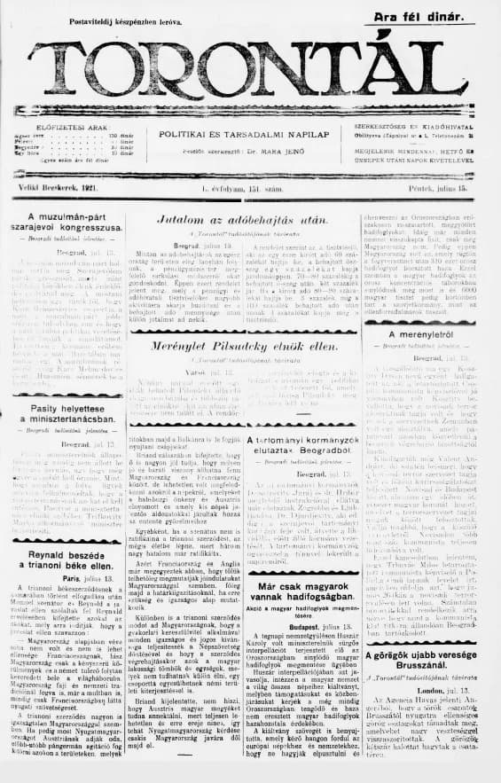 Torontál, 50. évf. 1921. július 15. 151. sz.
