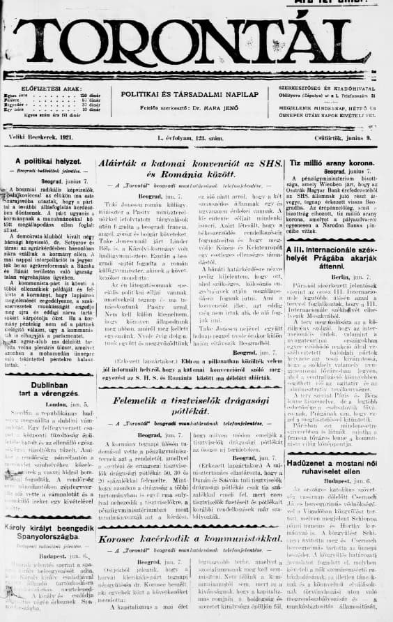 Torontál, 50. évf. 1921. június 9. 123. sz.