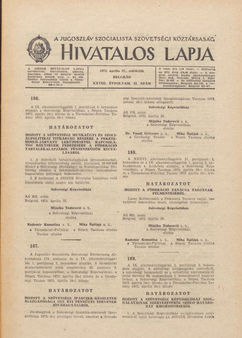 A Jugoszláv Szocialista Szövetségi Köztársaság Hivatalos Lapja, 28. évf. 1972. április 27. 22. sz. 417–428. oldal