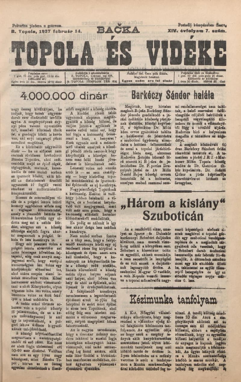 Bačka Topola és Vidéke, 14. évf. 1937. február 14. 7. sz.