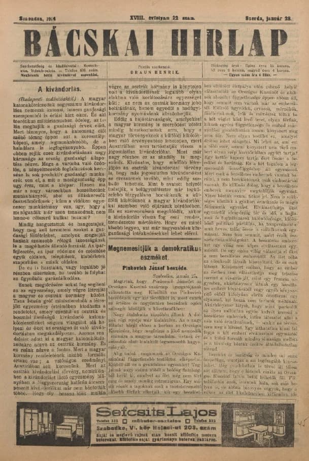 Bácskai Hirlap, 18. évf. 1914. január 28. 22. sz.