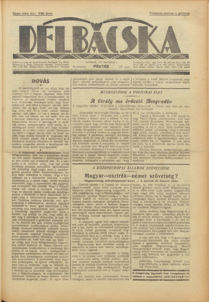 Délbácska, 6. évf. 1925. október 2. 228. sz.
