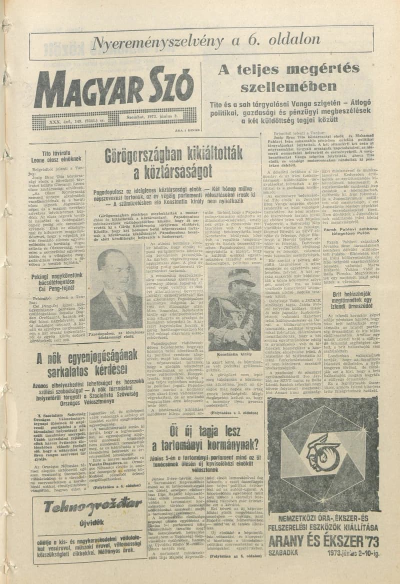 Magyar Szó, 30. évf. 1973. június 2. 149. sz. 1–20. oldal
