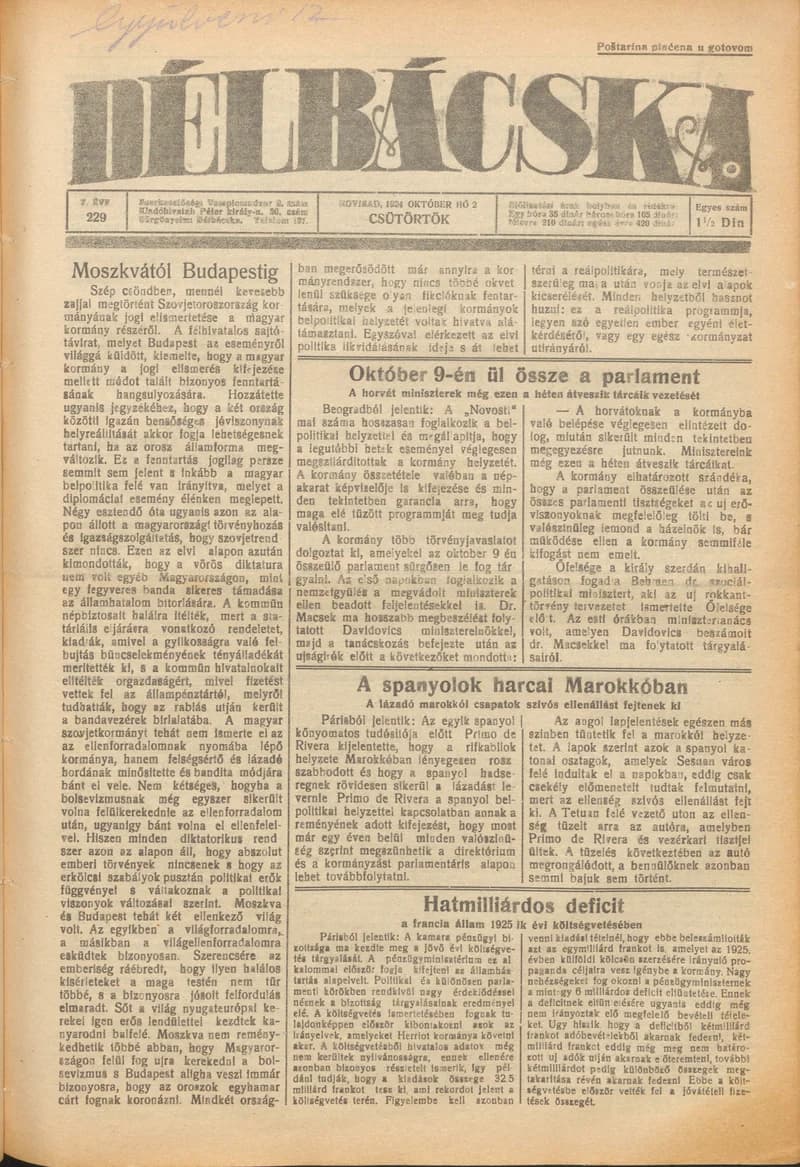 Délbácska, 5. évf. 1924. október 2. 229. sz.