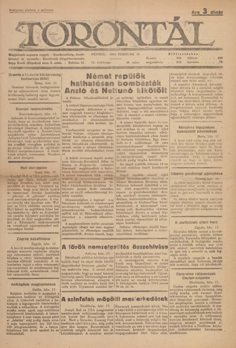 Torontál, 73. évf. 1944. február 18. 40. sz.