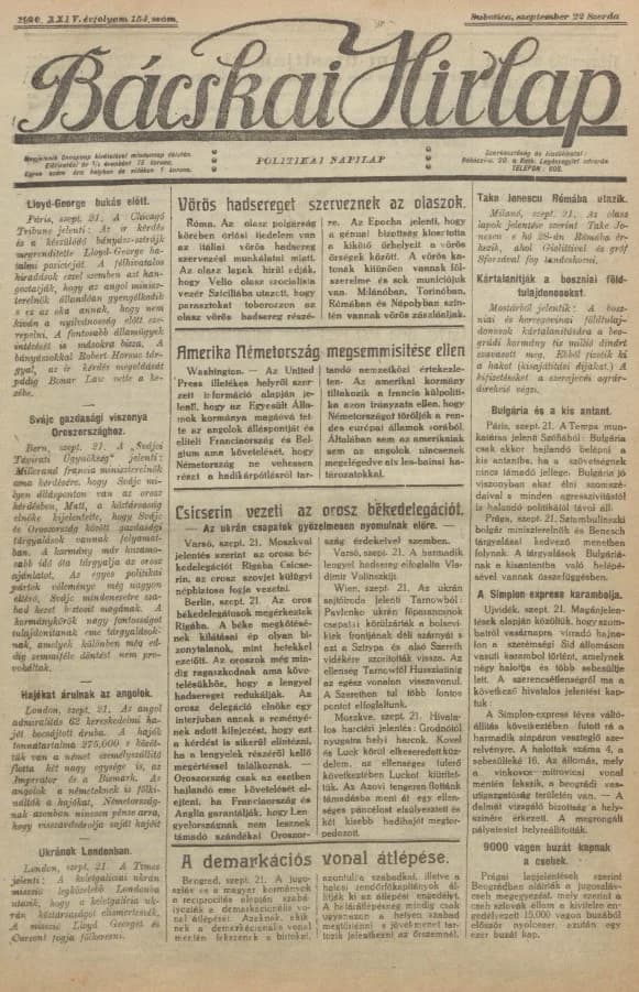 Bácskai Hirlap, 24. évf. 1920. szeptember 22. 154. sz.