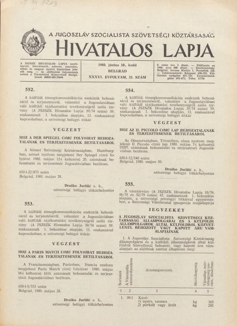 A Jugoszláv Szocialista Szövetségi Köztársaság Hivatalos Lapja, 36. évf. 1980. június 10. 33. sz. 1057–1064. oldal