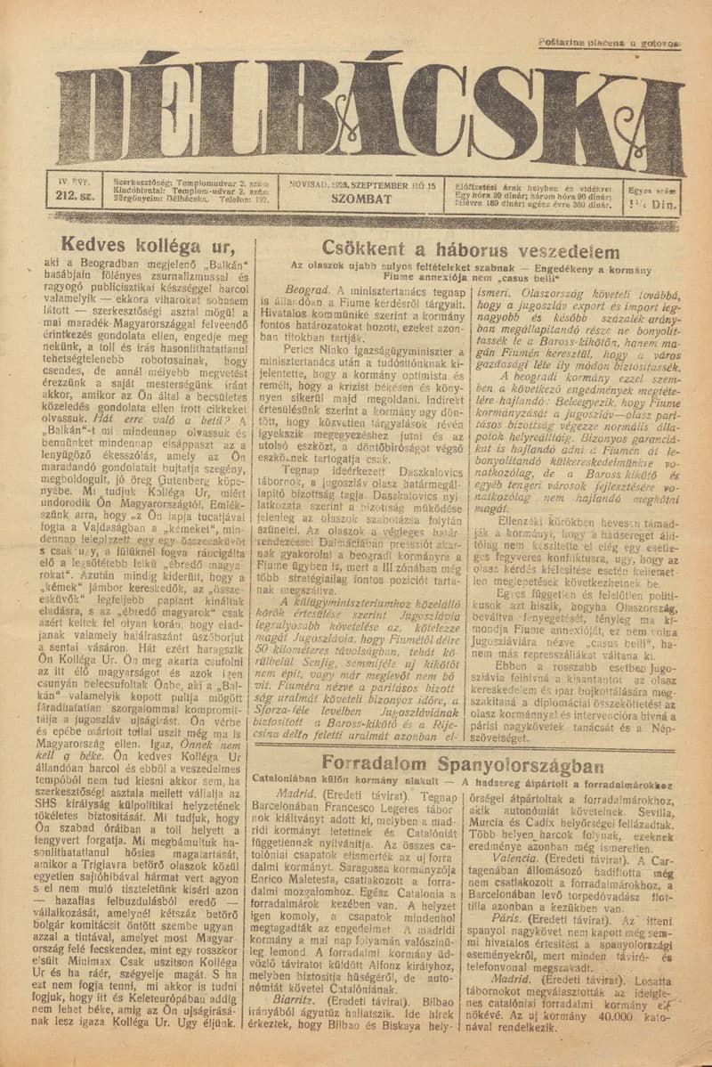 Délbácska, 4. évf. 1923. szeptember 15. 212. sz.