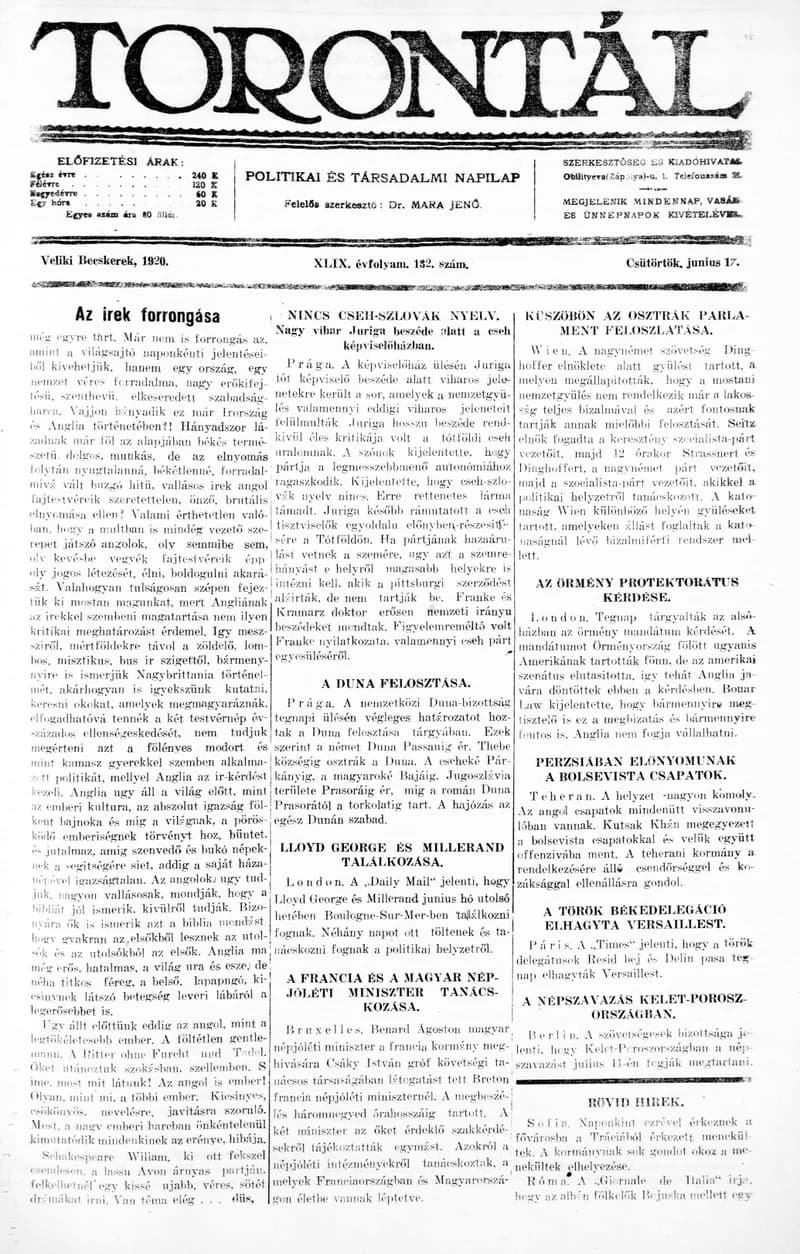 Torontál, 49. évf. 1920. június 17. 132. sz.