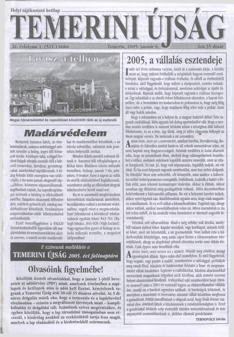 Temerini Újság, 11. évf. 2005. január 6. 1. sz.