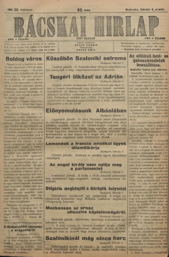 Bácskai Hirlap, 20. évf. 1916. február 9. 62. sz.