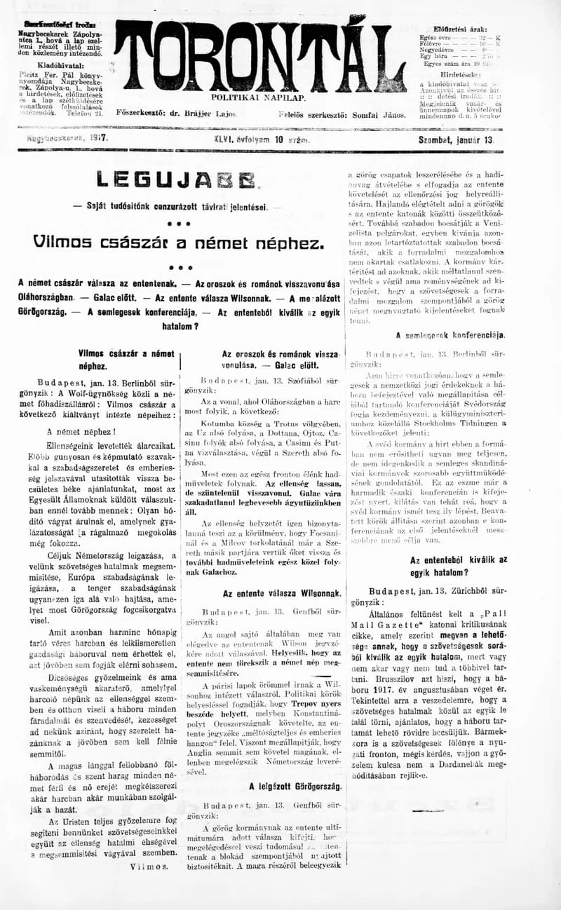 Torontál, 46. évf. 1917. január 13. 10. sz.
