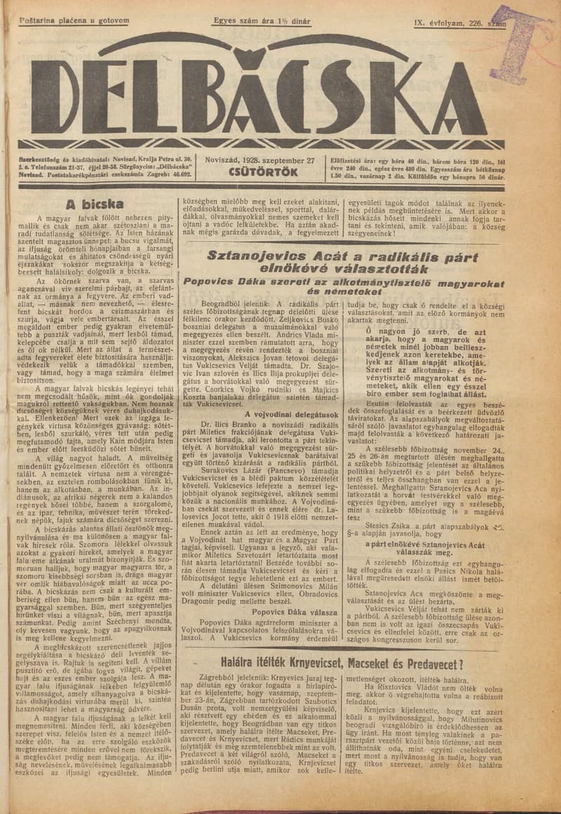 Délbácska, 9. évf. 1928. szeptember 27. 226. sz.
