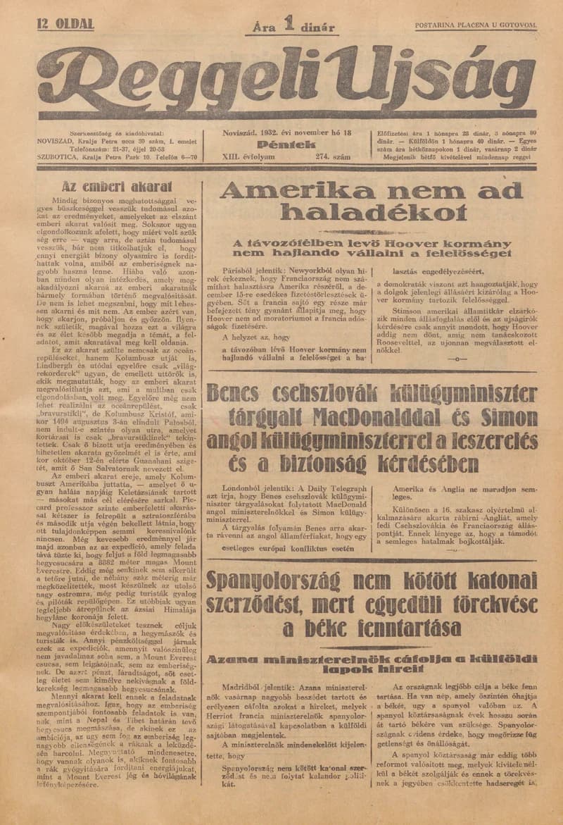 Reggeli Újság, 13. évf. 1932. november 18. 274. sz.