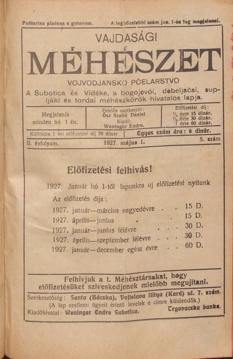 Vajdasági méhészet, 2. évf. 1927. május 1. 5. sz.