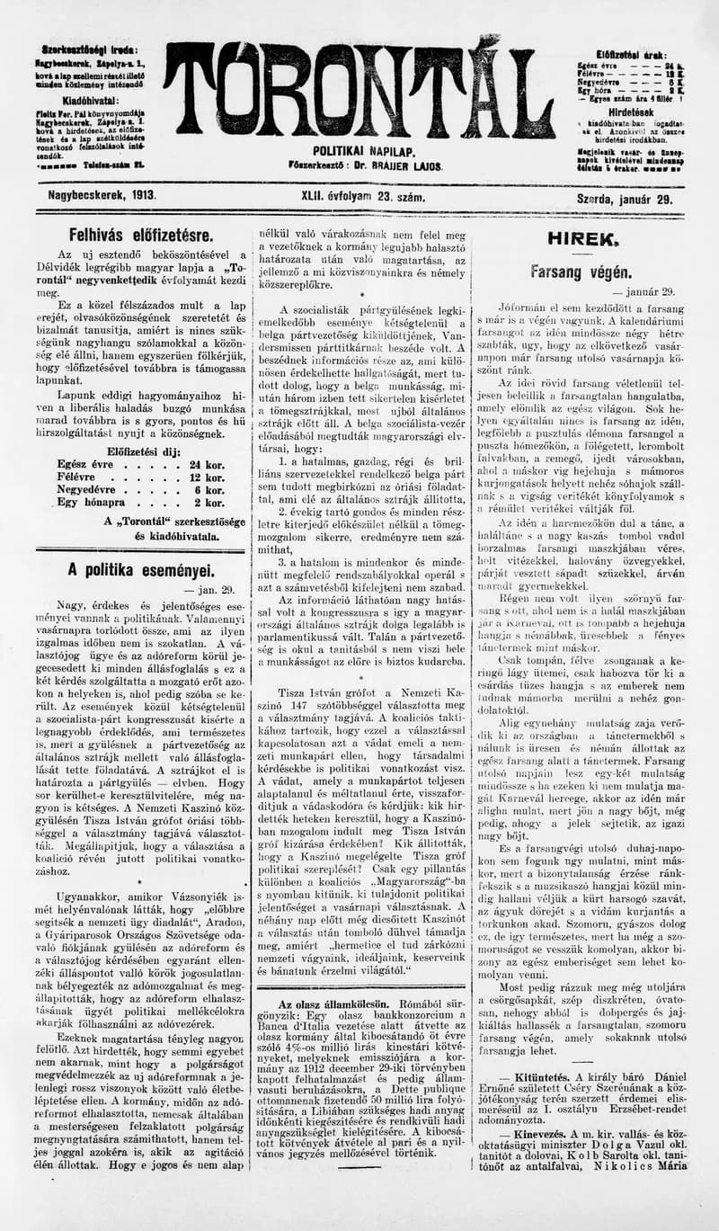 Torontál, 42. évf. 1913. január 29. 23. sz.