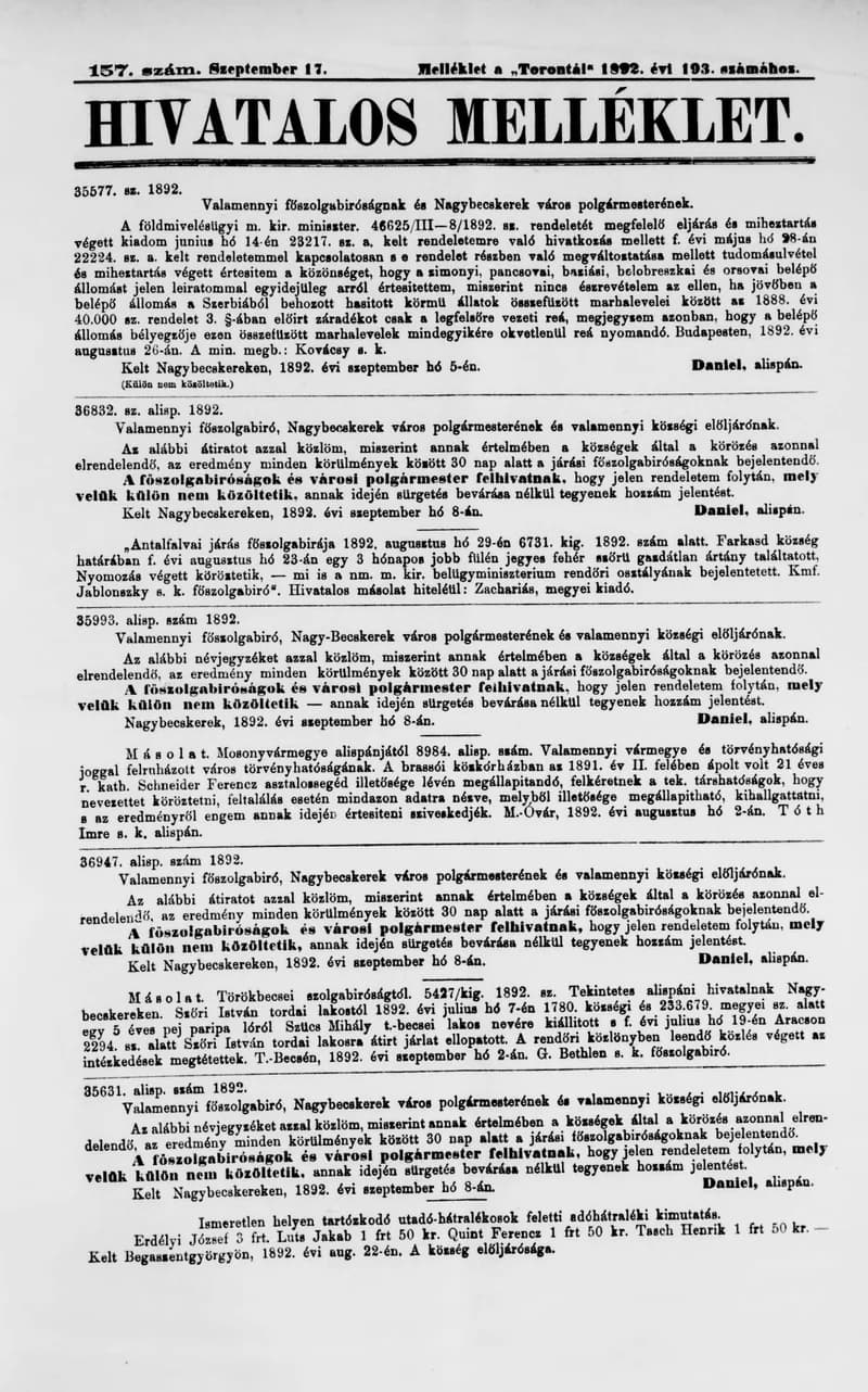 A Totontál  hivatalos melléklete, 5. évf. 1892. szeptember 17. 157. sz.