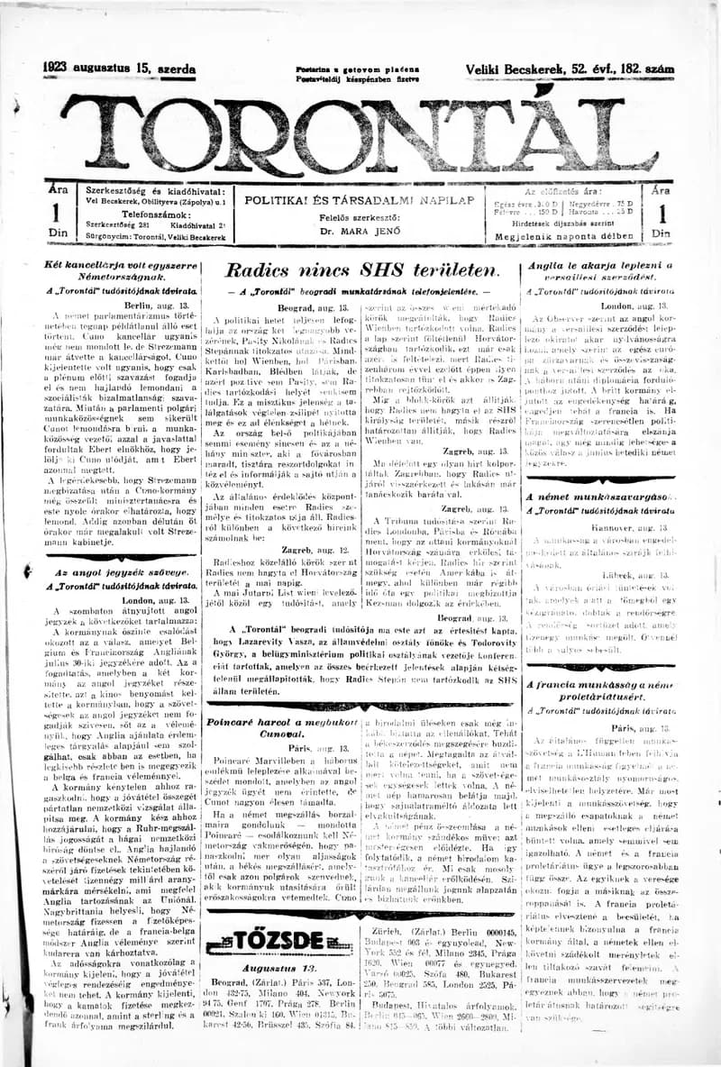 Torontál, 52. évf. 1923. augusztus 15. 182. sz.