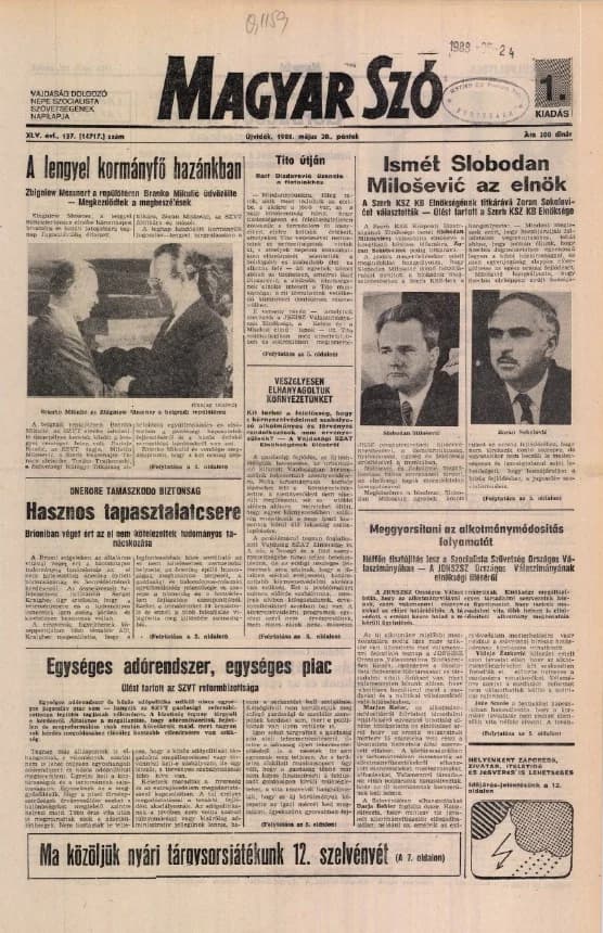 Magyar Szó, 45. évf. 1988. május 20. 137. sz. 1–24. oldal
