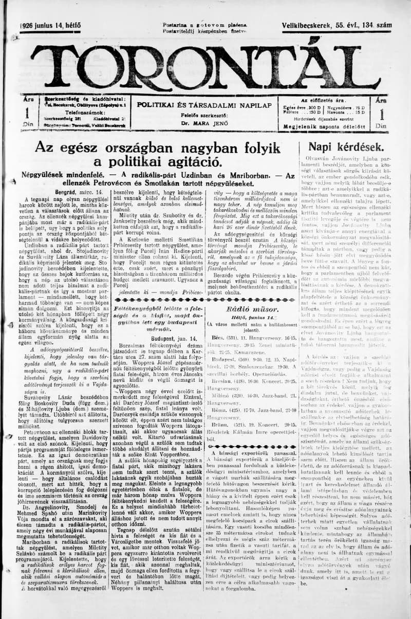 Torontál, 55. évf. 1926. június 14. 134. sz.