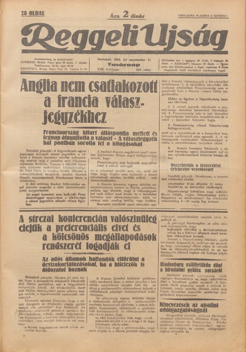 Reggeli Újság, 13. évf. 1932. szeptember 11. 216. sz.