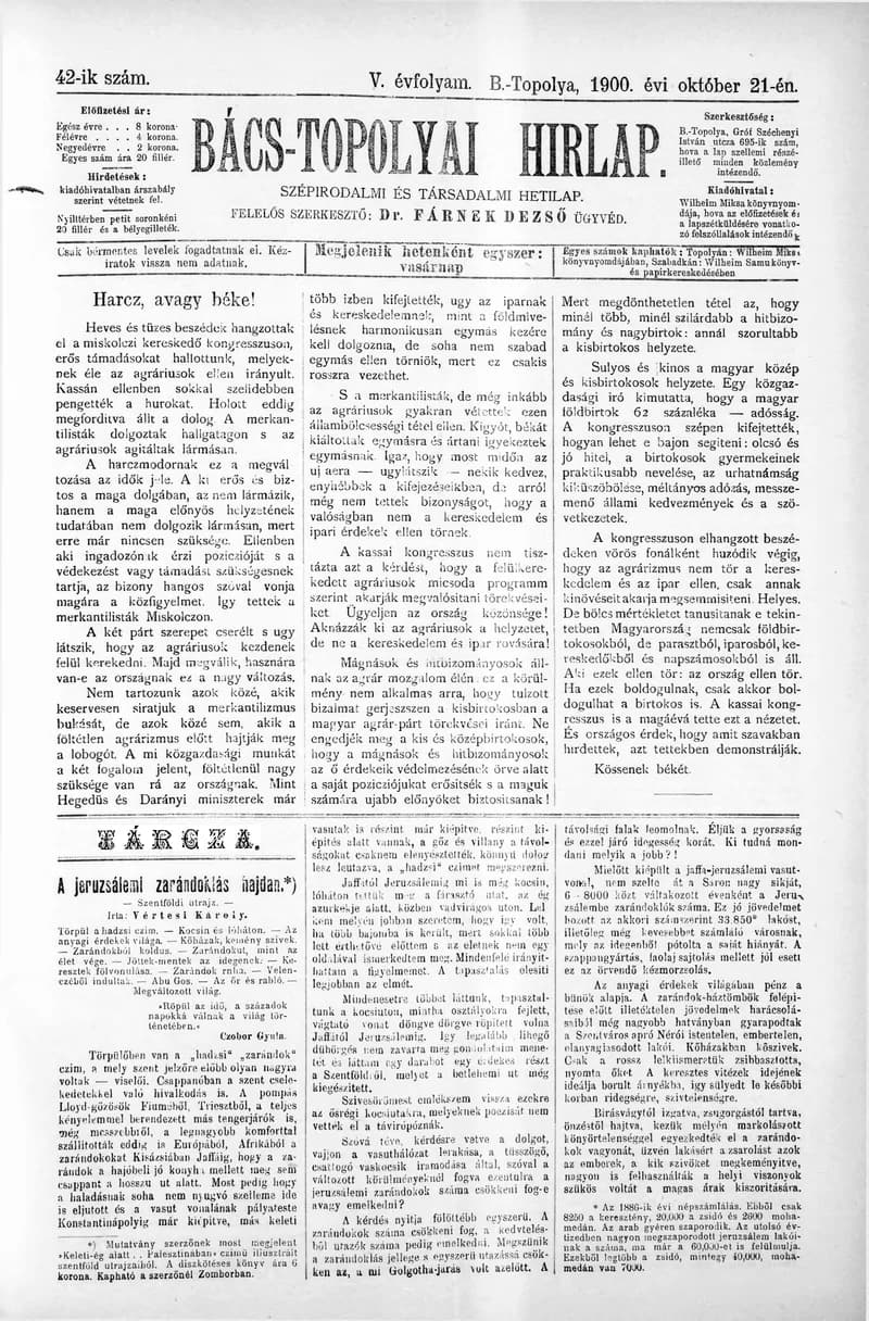 Bács-Topolyai Hirlap, 5. évf. 1900. október 21. 42. sz.