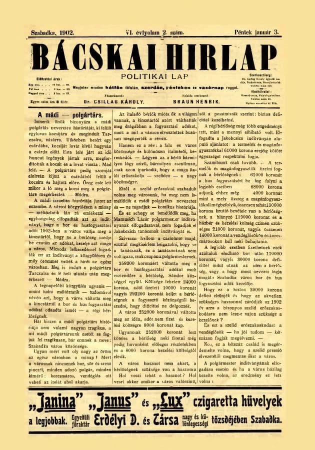 Bácskai Hirlap, 6. évf. 1902. január 3. 2. sz.