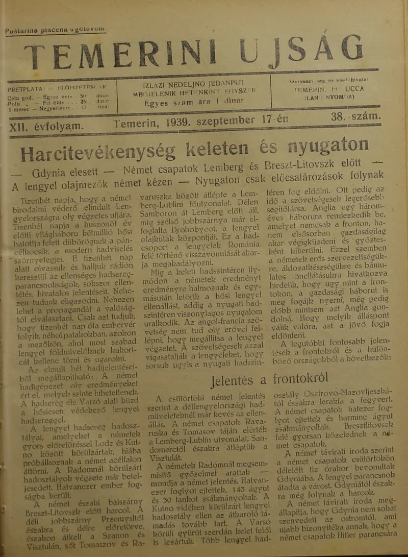 Temerini Újság 1928-1944, 12. évf. 1939. szeptember 17. 38. sz.