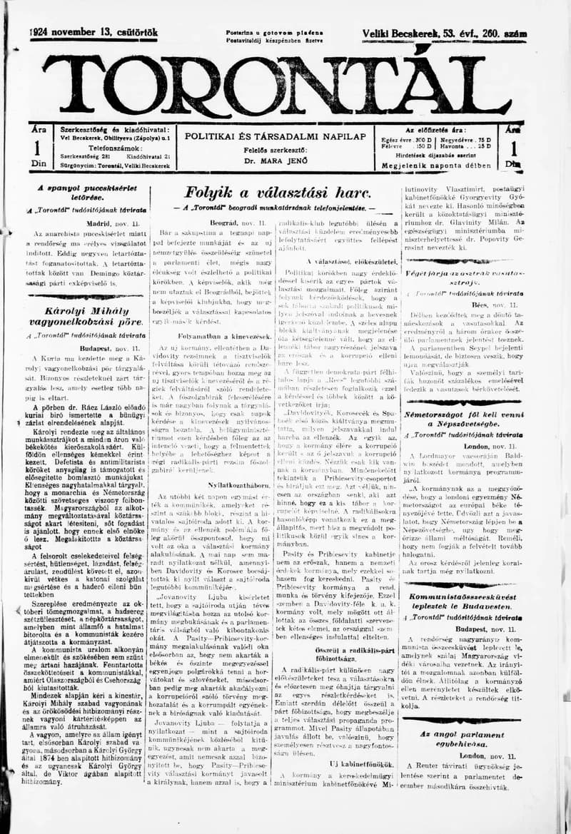 Torontál, 53. évf. 1924. november 13. 260. sz.