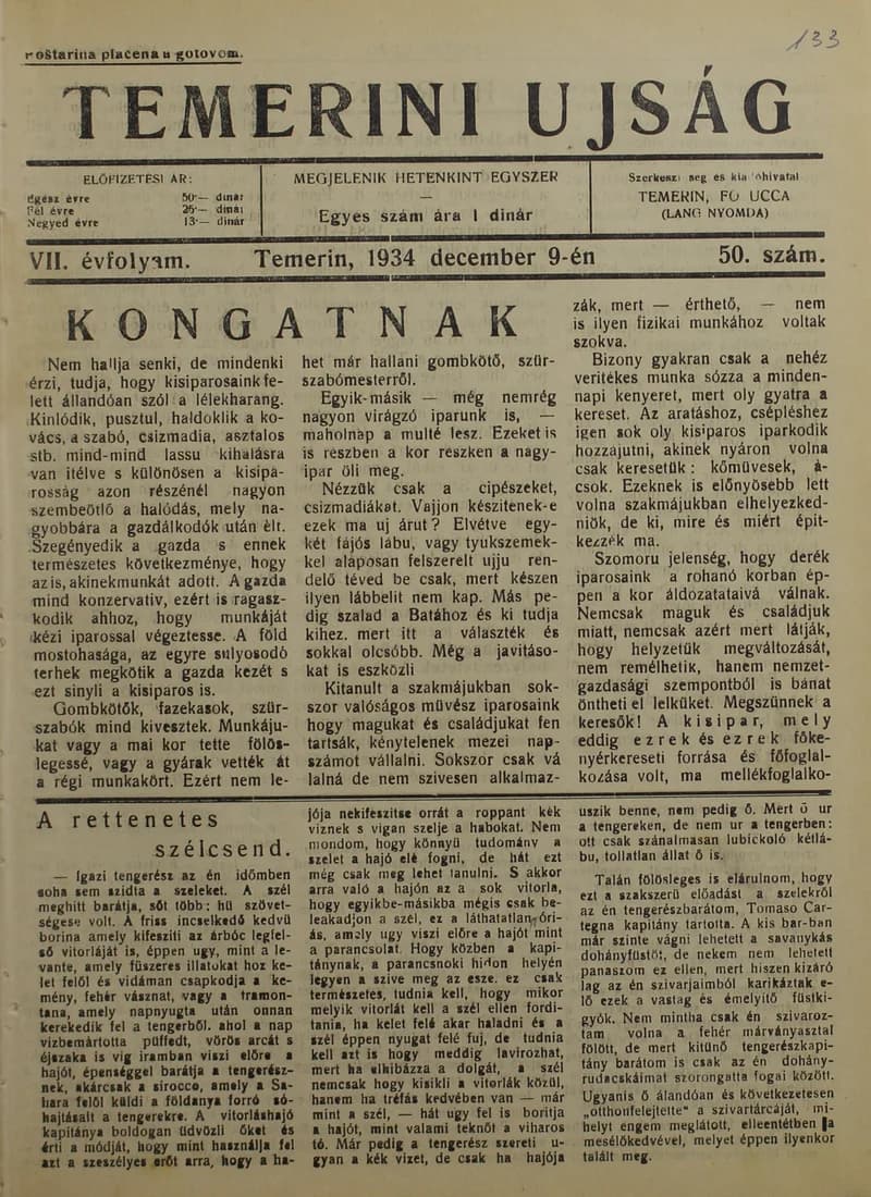 Temerini Újság 1928-1944, 7. évf. 1934. december 9. 50. sz.
