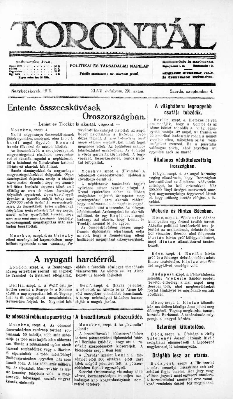 Torontál, 47. évf. 1918. szeptember 4. 201. sz.