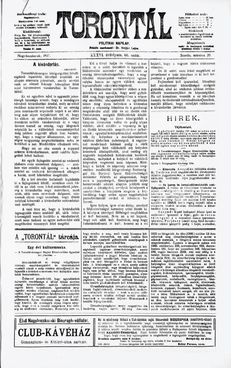 Torontál, 36. évf. 1907. március 20. 66. sz.