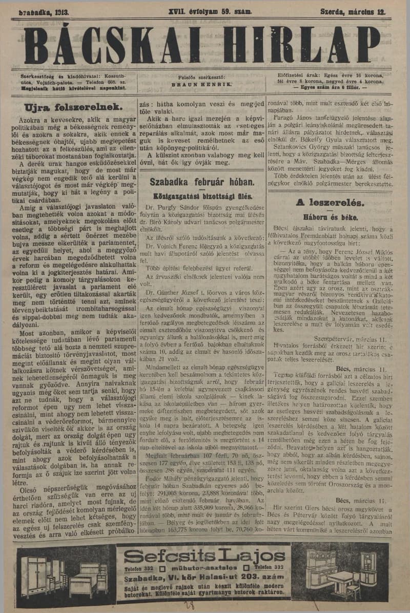 Bácskai Hirlap, 17. évf. 1913. március 12. 59. sz.