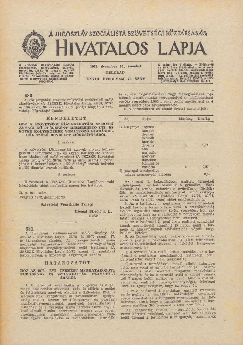 A Jugoszláv Szocialista Szövetségi Köztársaság Hivatalos Lapja, 28. évf. 1972. december 30. 70. sz. 1341–1388. oldal