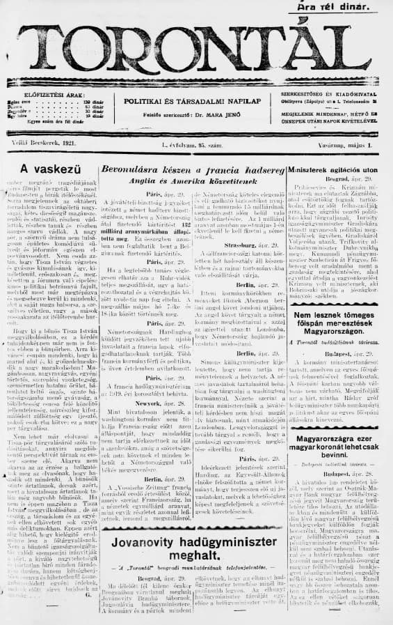 Torontál, 50. évf. 1921. május 1. 95. sz.