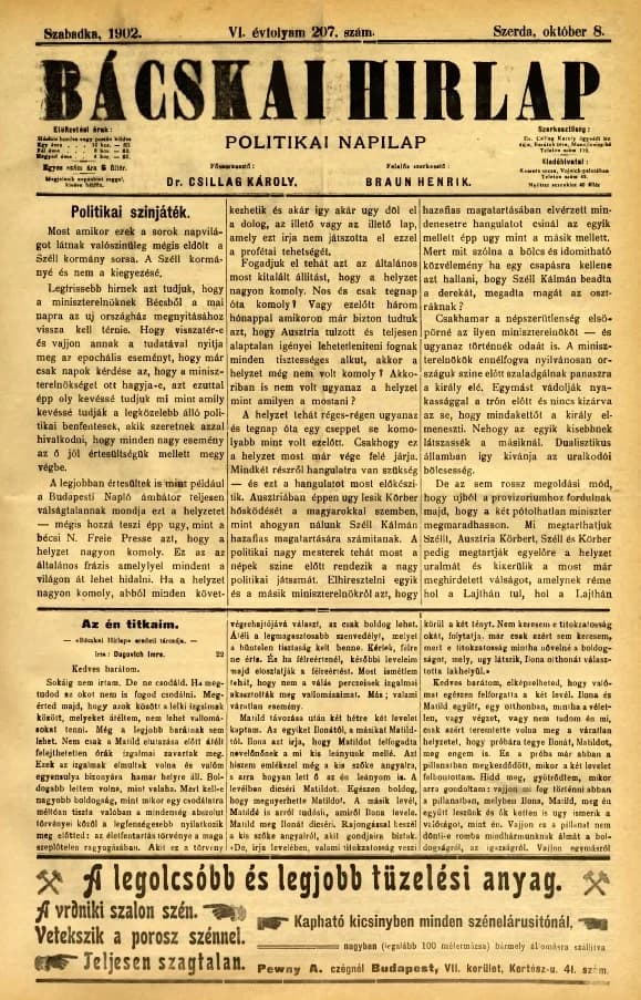 Bácskai Hirlap, 6. évf. 1902. október 8. 207. sz.