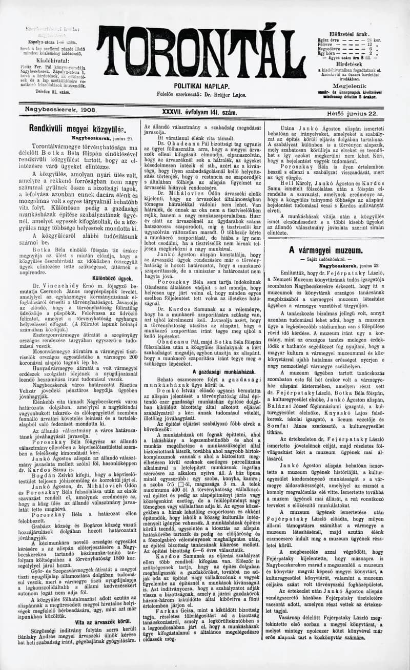 Torontál, 37. évf. 1908. június 22. 141. sz.