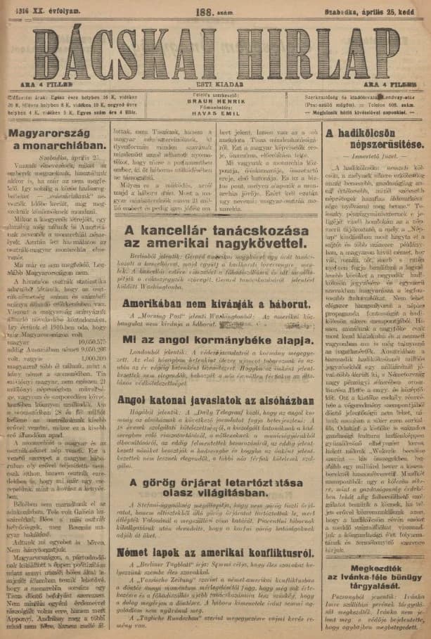 Bácskai Hirlap, 20. évf. 1916. április 25. 188. sz.