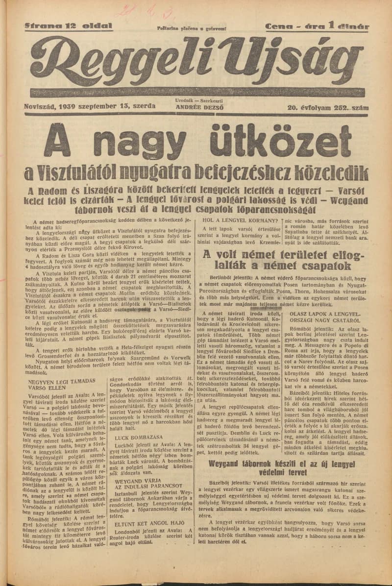 Reggeli Újság, 20. évf. 1939. szeptember 13. 252. sz.