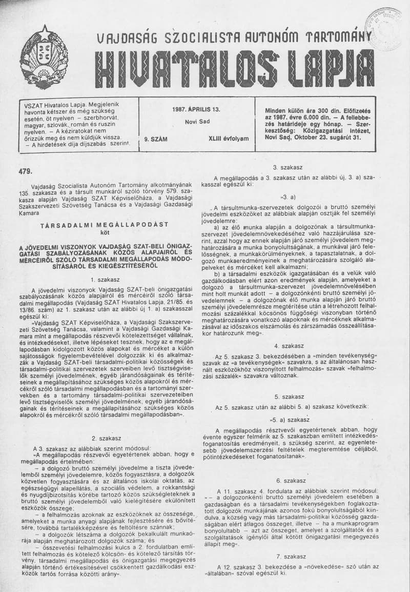 Vajdaság Szocialista Autonóm Tartomány Hivatalos Lapja, 43. évf. 1987. április 13. 9. sz.