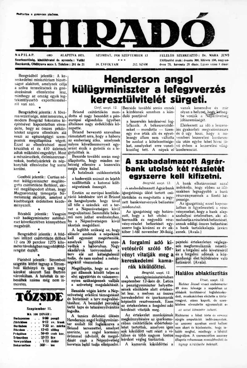 Híradó, 59. évf. 1930. szeptember 13. 212. sz.
