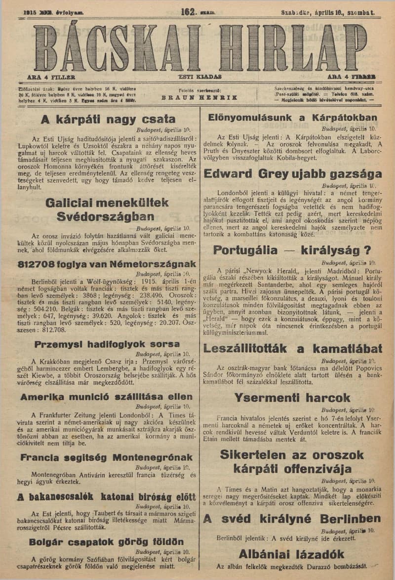 Bácskai Hirlap, 19. évf. 1915. április 10. 162. sz.