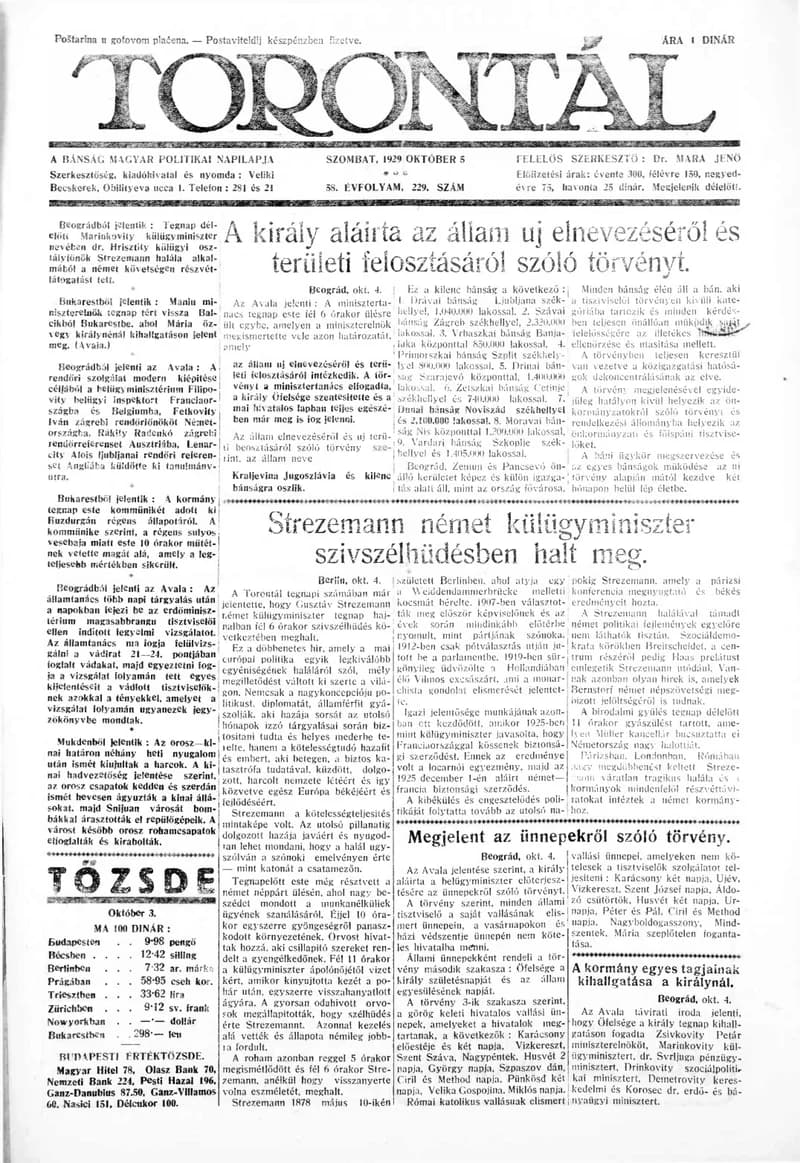 Torontál, 58. évf. 1929. október 5. 229. sz.