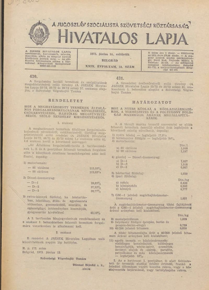 A Jugoszláv Szocialista Szövetségi Köztársaság Hivatalos Lapja, 29. évf. 1973. június 14. 34. sz. 1073–1076. oldal