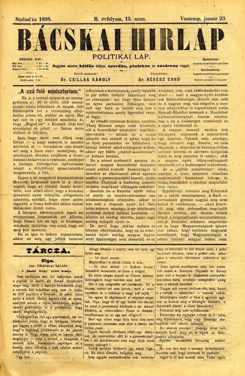 Bácskai Hirlap, 2. évf. 1898. január 23. 13. sz. 1–4. oldal