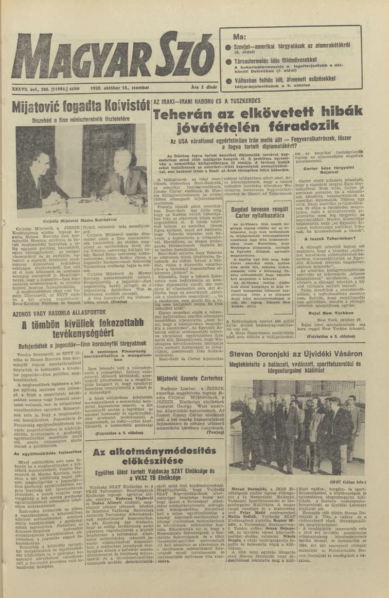 Magyar Szó, 37. évf. 1980. október 18. 288. sz. 1–20. oldal