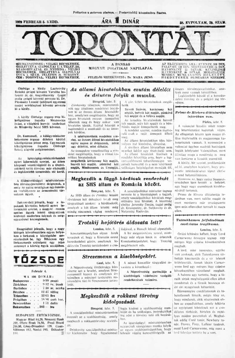 Torontál, 58. évf. 1929. február 5. 29. sz.