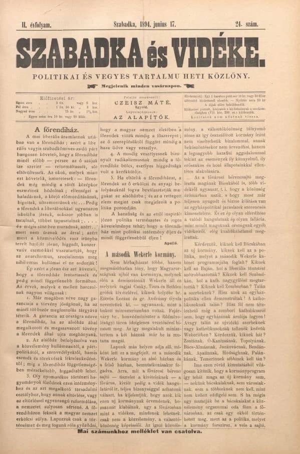 Szabadka és vidéke II, 2. évf. 1894. június 17. 24. sz.