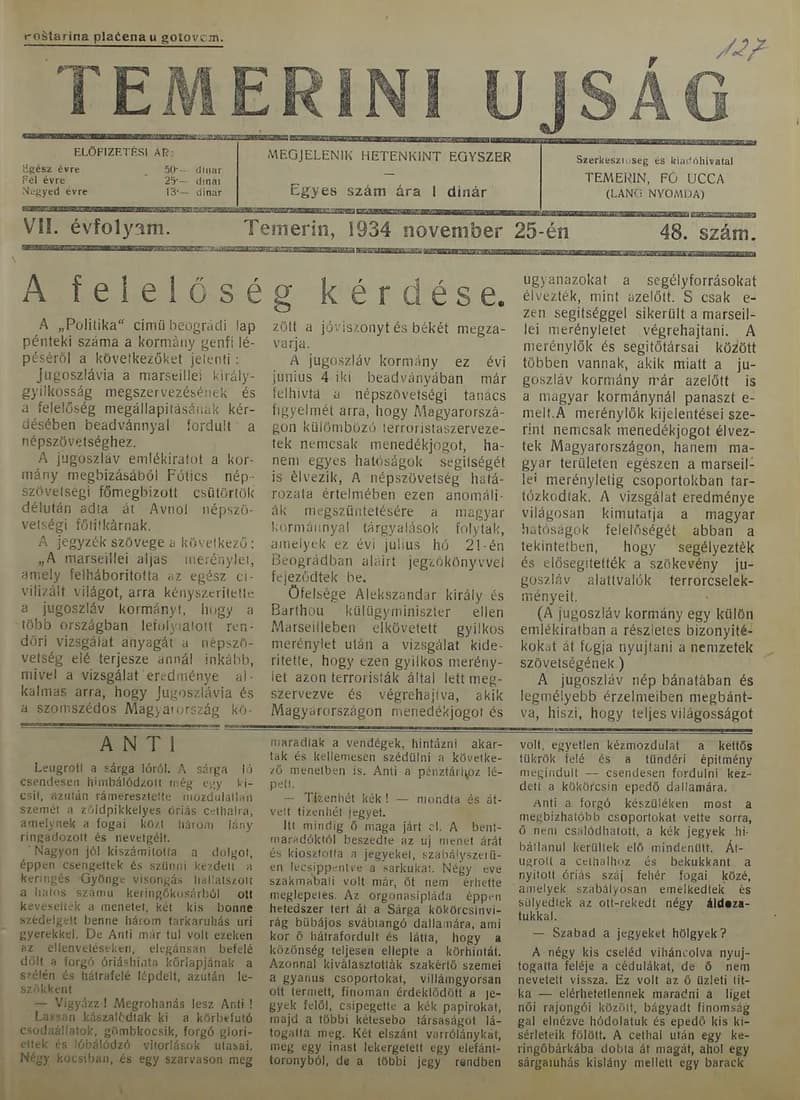 Temerini Újság 1928-1944, 7. évf. 1934. november 25. 48. sz.
